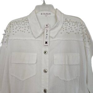 NWT Willow & Clay White Pearl Ebellished Denim Shirt Shacket LS Size Small